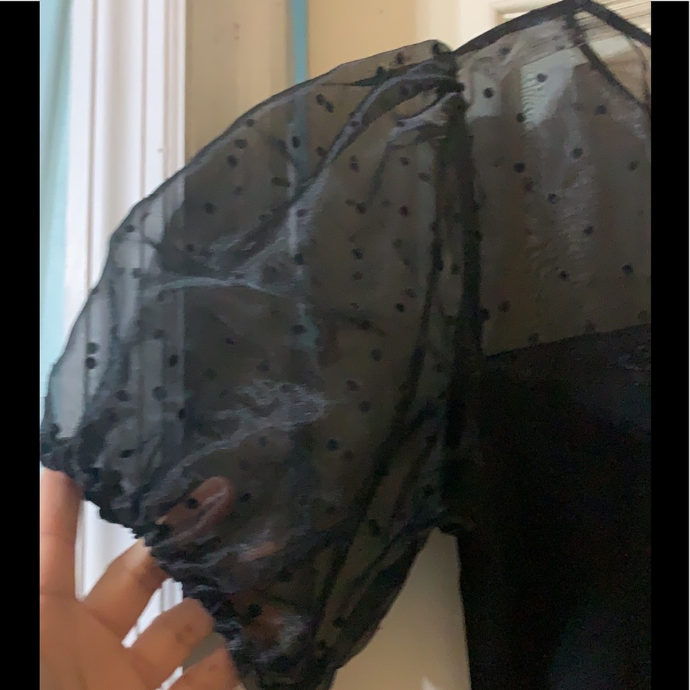 B.DARLIN Puff Sleeve Mesh Flocked Dot Sheath Dress - Picture 8 of 11